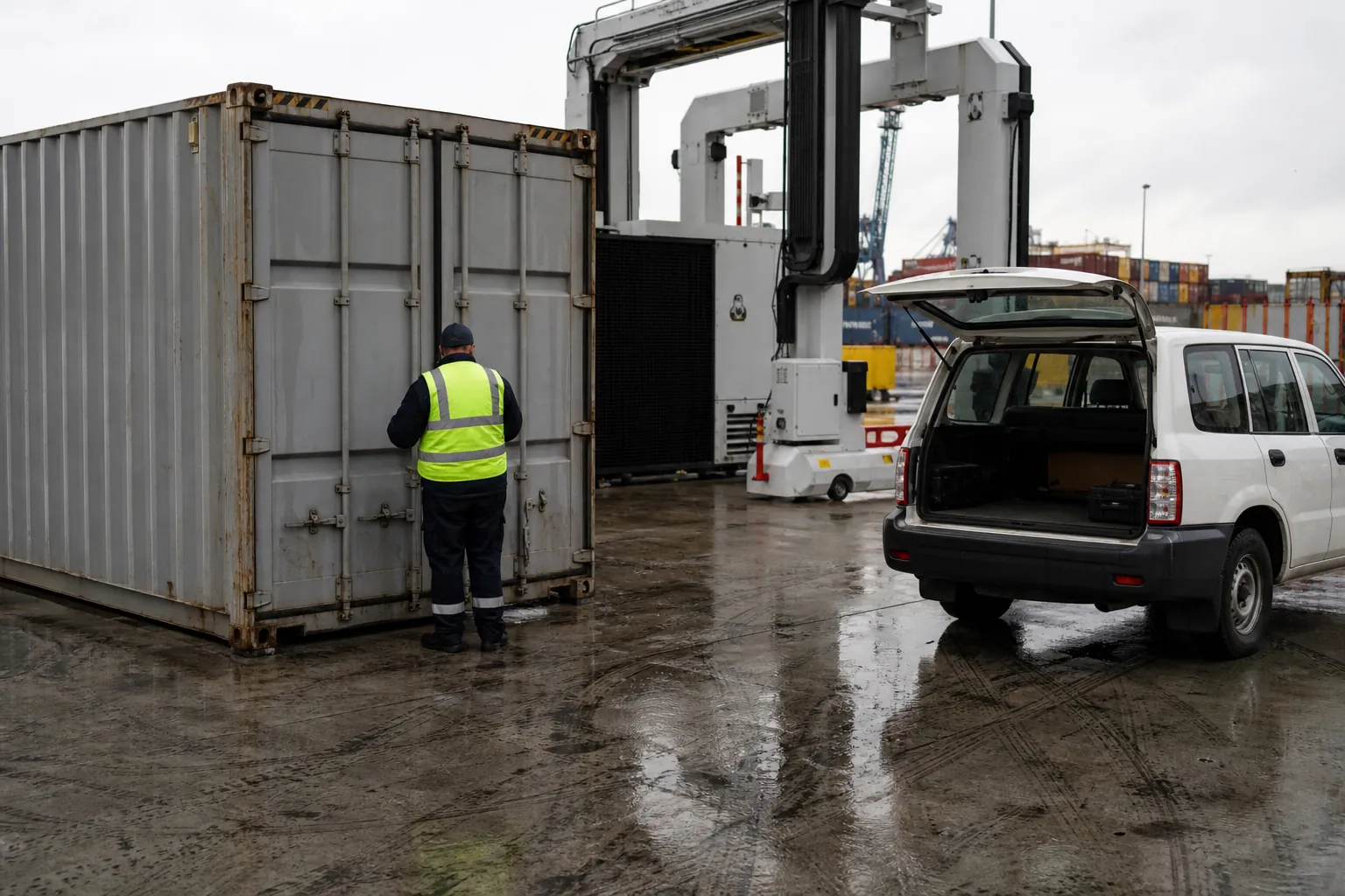 Опломбированный морской контейнер на досмотровой площадке терминала
